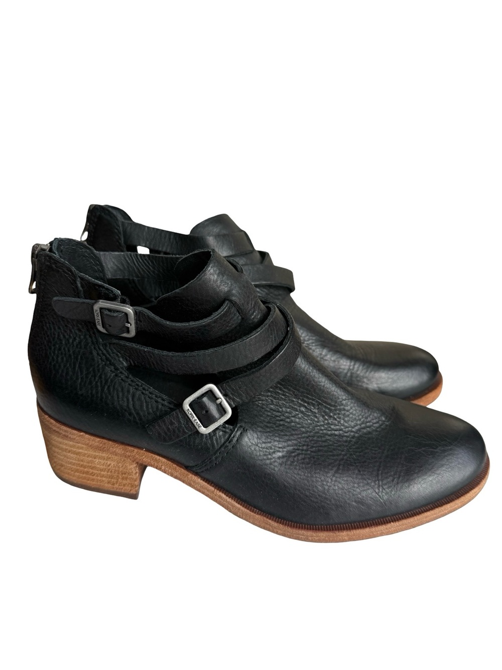 Kork-Ease Jardin Buckle Strap Black Leather Ankle Bootie Back Zip Size 7